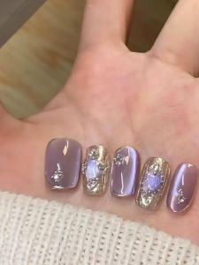 Handmade Nail Tips Purple Bouclé Ice Transparent Cat Eye Diamond Decorated Wearable Nail Art False Nails Beauty Tools