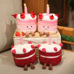 JOJO CASTLE Sweet Cherry Birthday Cake Plush Toy Stuffed Food Dessert Pillow Kawaii Red Velvet Cake Plushie with Candle Party Decoration Creative Gift