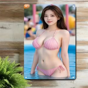 Pink Bikini Woman Metal Wall Sign Pool Art Decor for Home Cafe Bar Iron Poster Gift