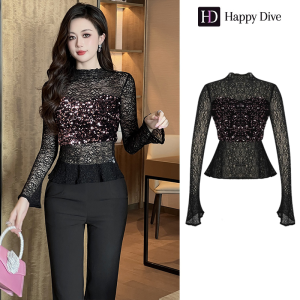 Happy Diva เสื้อผู้หญิง เสื้อสีดำ เสื้อผ้าเลื่อม เสื้อแขนยาว เสื้อทำงาน เสื้อไฮโซ เสื้อวินเทจ เสื้อออกงาน เสื้อปาร์ตี้ 91459