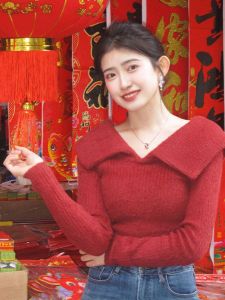 เสื้อสเวตเตอร์ถักคอปกสีแดงสำหรับผู้หญิง เสื้อชั้นในทรงเข้ารูป แขนยาว ปกติ ฤดูใบไม้ผลิและฤดูใบไม้ร่วง เสื้อคลุมกันหนาวแบบสวมหัว