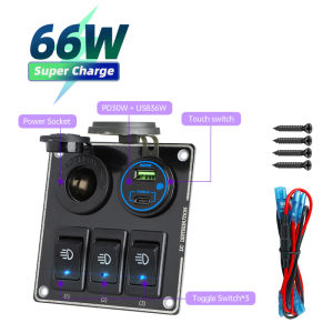 66W เครื่องชาร์จ USB Pd และ QC3.0สวิตช์สัมผัส3 Gang Rocker แผงสวิตช์การเปิด/ปิดกันน้ำได้สลับรถ12V เรือบรรทุกสินค้าเรือเดินสมุทร