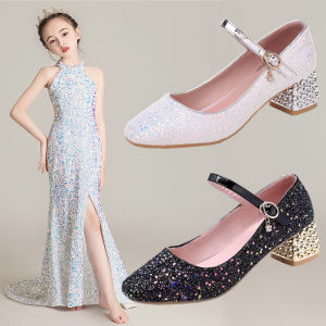 Princess Style Crystal Sandals Black High Heels Childrens Shoes for Girls Piano Performance Dress Shoes White Leather Shoes