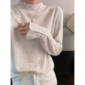 Elegant Semi High Collar Lace Trimmed Knitwear
