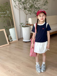 Phong Cách Hàn Quốc Áo Thun Bé Gái Thêu Chữ Cổ Tròn Tay Ngắn Khối Màu Ôm Vừa Vặn Thời Trang Mùa Hè Dành Cho Trẻ Em Cotton Vải Bông Tee