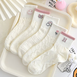 ถุงเท้าผู้หญิงสีขาว ถุงเท้ากีฬา ถุงเท้าครึ่งแข้ง ถุงเท้าผ้าฝ้าย ฤดูใบไม้ผลิ ฤดูใบไม้ร่วง ฤดูร้อน ฤดูหนาว ถุงเท้าลายการ์ตูนน่ารัก