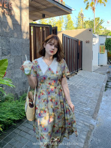 Maxixe plus Size Floral Print Midi Dress V Neck Vacation Style Waist Cinched Summer Womens Clothing Casual Bubble Sleeve