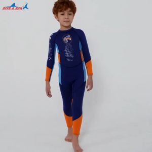 (แถมหมวก) ชุดว่ายน้ำเด็กชาย เก็บอุณหภูมิ 2.5MM D.ส้มแถบเหลือง-ยาว