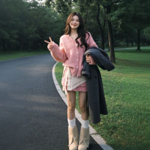 CHANGTONG | Short Height Knitwear Set Pinafore Skirt 3 Pieces Combination