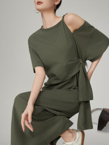 XIAODADEHUA | Olive Green Asymmetric Tie Off-shoulder Short Sleeve Dress Casual Loose Style
