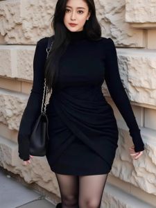 ชุดเดรสยาวคลุมสะโพกเอวสูงทรงเอแขนยาวลายจุดสีดำสำหรับผู้หญิงไซส์ใหญ่ ชุดทำงานสไตล์เกาหลี