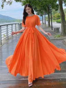 ชุดเดรสยาวผ้าชีฟองแขนสั้นเอวสูงสไตล์โบฮีเมียน กระโปรงชายหาดฤดูร้อน ทรงหลวม กระโปรงยาวคลุมเข่า สีพื้น เดรสยาวคลุมเข่า