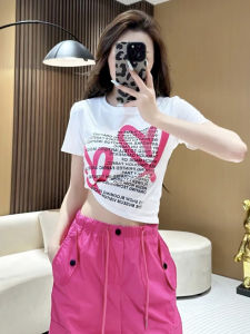 Spicy Girl Summer Short Sleeve Heart Letter Print T-Shirt Womens Slim Fit Stylish Versatile Cotton Blend round Neck Top