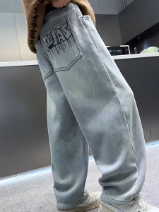 COD Jeans Pants For Kids Boys 7-16Yrs Fashion Baggy Pants Wide Leg Trousers Straight Cut Jeans Maong Loose Wide Leg Pants New Style Loose Jeans Casual Street Jeans Hot Sale