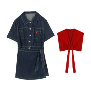 Slimming Large Size Denim Skirt Sweet Cool Style Summer Dress High Waist A-Line Silhouette Short Sleeve Korean Version