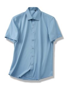 Business Casual Bamboo Fiber Anti-Wrinkle Shirt Mens Short Sleeve Summer New Style Elastic Shirt Polyester Viscose Spandex