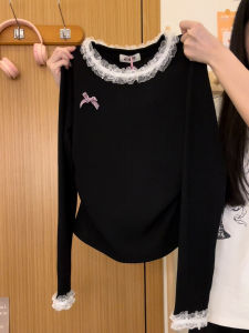 Cream Universe Three-Dimensional Bows Lace Patchwork Knitting Long Sleeves T-shirt Female Sweet Ballet Style Base Tops