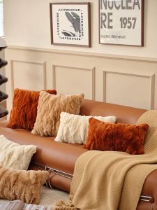 Luxurious Leather Rabbit Fur Pillow Cover Detachable Washable Sofa Living Room Decor Long Rectangular Cushion Soft Plush Toy