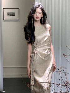 QFN | French Style Grey Sleeveless Drape Dress