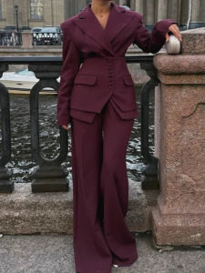 Women Casual Single Breasted Waistband Blazer Set Full Sleeve Lapel V-neck Waist Cinching Coat Suit 2026 Lady Spring Autumn Wear
