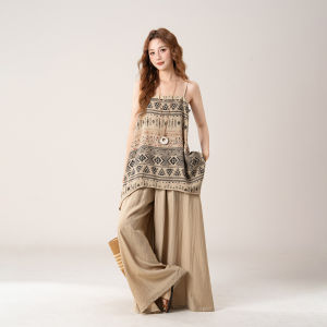 SHANGWEILUO | Bộ Đồ In Vintage Áo Camisole và Quần Ống Rộng cho Nữ