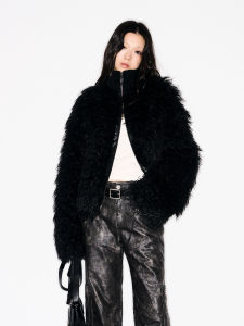 Black Wool Blend Double Zipper Collar Long Fur Coat TakeCare Cautious Fashionable Womens Premium Quality Fall Season Outerwear