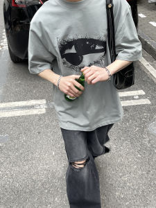 PLTH American Style Heavyweight 255g round Neck Loose Eye Pattern High Definition Print Versatile Casual Trendy Mens Short Sleeve T-Shirt