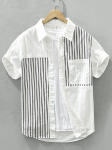 เสื้อเชิ้ตแขนสั้นผ้าไหมน้ำแข็งบางฤดูร้อนสำหรับผู้ชาย ทรงหลวม ปกโปโล ทรงปกตั้ง ลายทาง สไตล์ยุโรปและอเมริกัน