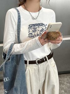 Womens Long Sleeve Pure Cotton Base T-shirt round Neck Slim Fit Korean Style Spring Autumn New Fashion Versatile Printing Top