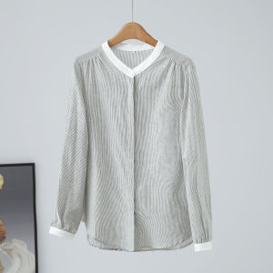 Womens Long Sleeve Striped Shirt Pure Cotton Stand Collar High Quality Japanese Style Simple Match All Dark Button Base Top