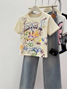 Áo Thun Graffiti in Họa Tiết Ngắn Tay Thời Trang Nữ Mùa Hè 2024 Thường Ngày Dài Tay Áo Khoác Ngoài Thường Ngày