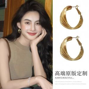 Retro Hong Kong Style Large Hoop Earrings Gold Womens Fashion Jewelry Elegant Lightweight Exaggerated Ear Jewelry