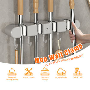 Mop Broom Holder Rack with Hook Wall Mounted Heavy Duty Organizer Storage Rack Sticks On The Wall No Holes Needed Bracket Bathroom Kitchen Mop Clamp
