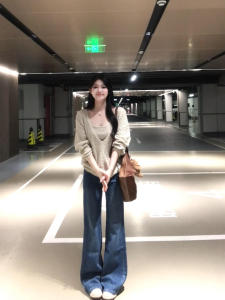 Loose V-Neck Knitted Sweater Hollow out Design Womens Casual Style Long Sleeve Top with Cover up Two Piece Set Autumn Wear