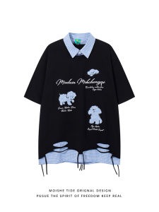 เสื้อยืดคอโปโลแขนสั้นผ้าฝ้ายผสมสไตล์อเมริกัน ปักลายสุนัข ทรงหลวม ฤดูร้อน 2025 สำหรับเยาวชน ผู้ชาย ผู้หญิง