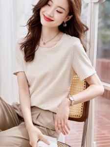 Textured round Neck T-Shirt Womens Simple Elegant Versatile Lace Detail Summer New Style Korean Straight Cut Classic Pattern