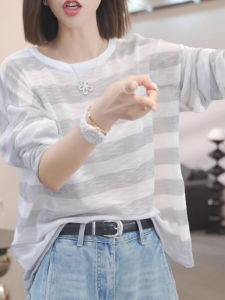 Shalldoer | เสื้อยืดแขนยาวลายทางระบายอากาศสำหรับผู้หญิงในช่วงฤดูร้อน เสื้อคลุมบางแบบเกาหลี ทรงหลวม สไตล์ลำลอง