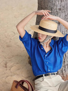 Womens Linen Shirt Long Sleeve Casual Loose Comfortable Style Breathable Slimming Effect Blue Polo Collar Button up Top