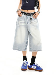 Quần Short Denim Ống Rộng Cạp Cao Mùa Hè Cho Nữ Quần Jeans Ống Đứng Phong Cách Đường Phố Mỹ Quần Dài Đến Giữa Bắp Chân Quần Jeans Thường Ngày