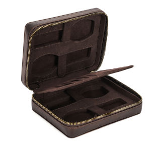 CONTACTS FAMILY | Genuine Leather 4 Slot Watch Box Display Case Storage Watch Organizer Zipper Travel Watch Collector Case with Card Holder Pocket