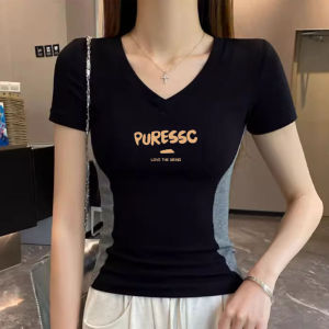 Slim Fit Short Sleeve V-Neck T-Shirt Womens Summer New Style Conceal Meat Short Model Thin Cover Belly Color Block Versatile Top Trendy