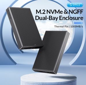 Dual Bay M2 NVMe SSD Case ORICO อลูมิเนียมทั้งหมด 10Gbps สำหรับ M Key & B Key NVMe PCIe เครื่องมือฟรี SSD Enclosure พร้อม Smart Sleep 2 In 1 PD60W Cable ด้วยเสื้อกั๊กระบายความร้อนในตัวSATA & NVMe Dual Protocol SSD Adapter