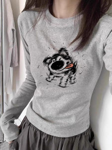 2025 Autumn New American Print round Neck Short Sleeve Long Sleeve Grey T-Shirt Womens Base Shirt Slim Fit Casual Commute Style