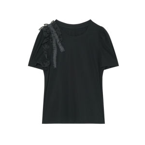 เสื้อยืดแขนพองสไตล์ฝรั่งเศสสำหรับผู้หญิง เสื้อแขนสั้นคอตุ้มสีพื้นเนื้อเส้นดี ทรงเข้ารูป ผ้าผสมโพลีเอสเตอร์และไนลอน