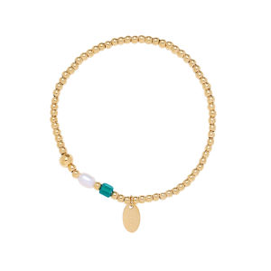 สร้อยข้อมือทอง 18K โซ่ยางยืดประดับด้วยมุกธรรมชาติ กระจกสีสีฟ้าเขียว • สแตนเลสสตีล ไทเทเนี่ยม ทุกเพศ ผู้หญิงผู้ชาย คู่