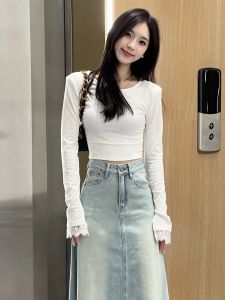 Sweet And Spicy Lace Long Sleeve T-Shirt Womens Base Layer Short Top Trendy Commute Style Moisture Wicking Crossbody