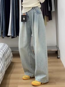 กางเกงยีนส์ทรงหลวมเอวสูงสำหรับผู้หญิงในช่วงฤดูร้อน กางเกงขายาวทรงตรงผ้าไหมน้ำแข็งบางสำหรับผู้หญิงไซส์ใหญ่