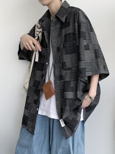 Vintage Plaid Short Sleeve Mens Shirt Design Sensation Niche Hong Kong Style Retro Pure Summer Casual Fashion Youth Trend