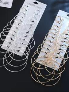 Fashionable Simplistic Personality Exaggerated Metal Stud Earrings 12 Pairs Large Small Ring Alloy Silver Gold Plated for Women