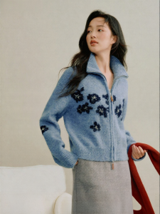 INMAN | Turn-down Collar Blue Knitted Cardigan Loose Sweater